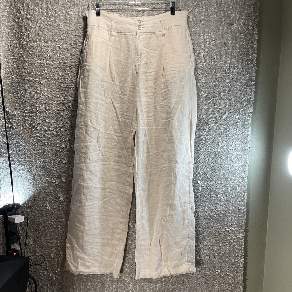 Halston Linen Pants Women's L Pink Tan Wide Leg Summer Coastal Resort Beachy